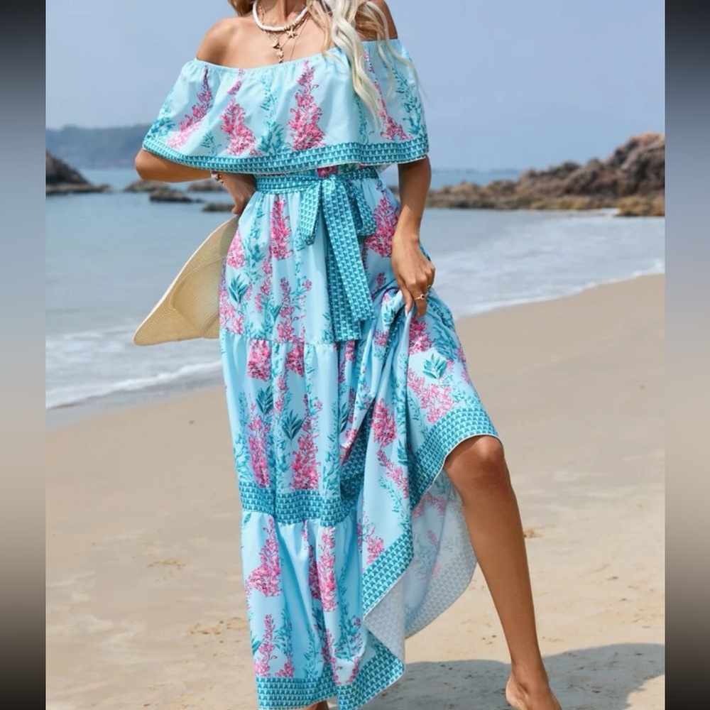 Bohemian Floral Print Off Shoulder Ruffle Maxi Dress Blue - Picture 5 of 7